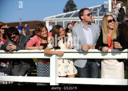 Racegoers beobachten die Aktion während des Winter Derby Day bei Lingfield Park Rennbahn Stockfoto