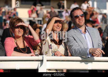 Racegoers beobachten die Aktion während des Winter Derby Day bei Lingfield Park Rennbahn Stockfoto