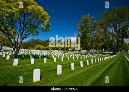 Weiße Marmor Grabsteine erstrecken sich über den gepflegten Rasen des Los Angeles National Cemetery in Kalifornien. Stockfoto