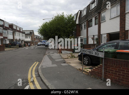 Eine allgemeine Ansicht der Croombs Road im Stadtteil Newham, London. Stockfoto