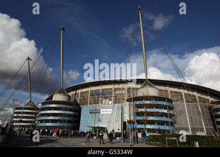 Allgemeiner Blick vor dem Etihad Stadium, dem Heimstadion von Manchester City Stockfoto