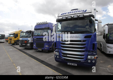 Irische LKW-Aktien. Generisches Foto von Lastkraftwagen im Hafen von Dublin. Stockfoto