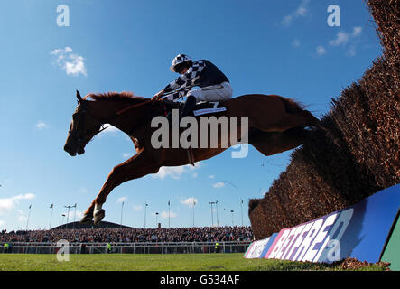 Astracad mit Sam Twiston-Davies springt am ersten Tag des John Smith's Grand National Meetings 2012 auf der Aintree Racecourse, Liverpool, die letzte auf ihrem Weg zum Sieg in der Red Rum Handicap Chase matalan.co.uk. Stockfoto