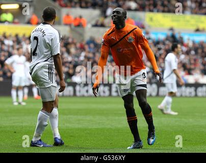 Papiss Cisse von Newcastle United (rechts) lächelt, nachdem er seine Punkte erzielt hat Und das zweite Tor seiner Spieleseite Stockfoto