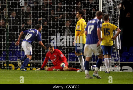 Fußball - npower Football League Championship - Ipswich Town / Birmingham City - Portman Road. Colin Doyle, Torhüter von Birmingham City, sitzt niedergeschlagen, nachdem er beim Ipswich Town-Fest Michael Chopra ein Tor zugestanden hat Stockfoto