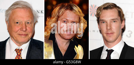 Undatierte Dateifotos von (von links nach rechts) Sir David Attenborough, Keith Lemon und Benedict Cumberbatch. Sir David wird Keith und Sherlock für eine TV-BAFTA übernehmen. Stockfoto