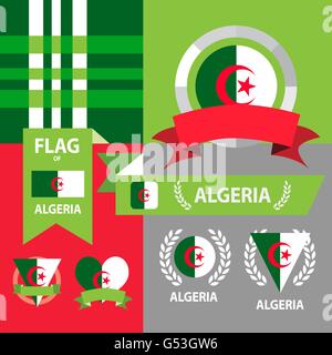 Satz von Algerien Flagge, Wappen und Muster Hintergrund. Stock Vektor