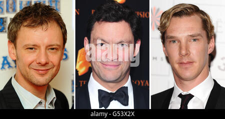 Undatierte Dateifotos von (von links nach rechts) John Simm, Dominic West und Benedict Cumberbatch, die heute für den besten Schauspieler bei den diesjährigen Arqiva British Academy Television Awards, die am 27. Mai stattfinden, nominiert wurden. Stockfoto