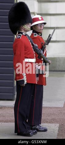 Die Wache am Buckingham Palace wurde geändert, als das 2. Bataillon, das Royal Canadian Regiment (rechts), ihre königlichen Wachaufgaben übernahm. Die Männer aus Nordamerika werden auch den St. James's Palace bewachen und auf einer Parade am Tower of london sein. * die Kanadier ersetzten die Grenadiere in der Londoner Residenz der Queen. Stockfoto