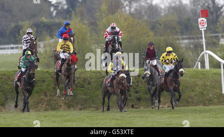 Das Feld Clearing Ruby's Double im Kildare Hunt Club Fr Sean Breen Memorial Chase für den Ladies Perpetual Cup am ersten Tag des Punchestown Festivals auf der Punchestown Racecourse, Naas. Stockfoto