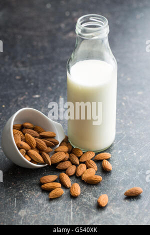 Mandelmilch und Mandeln. Leckere Milch in Glasflaschen. Stockfoto