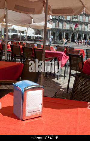 Vielen Dank für Ihren Besuch. Papierserviette. Der Hauptplatz, Madrid, Spanien. Stockfoto