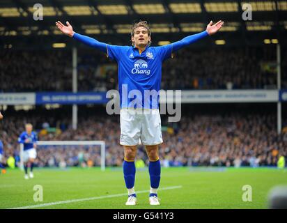 Fußball - Barclays Premier League - Everton gegen Fulham - Goodison Park. Evertons Nikica Jelavic feiert sein zweites Tor des Spiels Stockfoto