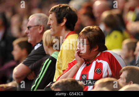 Ein Sheffield United-Fan schaut nervös von der Tribüne aus während des League One-Spiels im Stadion:mk, Milton Keynes. Stockfoto