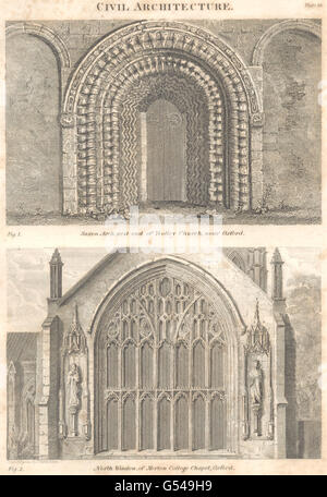 OXON Kirchen: Sächsische Arch St Mary Virgin, Iffley; Merton College Chapel, 1830 Stockfoto