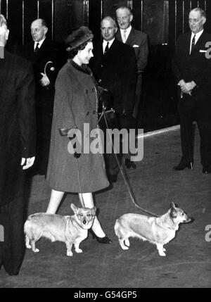 *gescannter Low-Res-Off-Print, High-Res auf Anfrage* Queen Elizabeth II, mit zwei Corgis, bei ihrer Rückkehr nach London nach ihrem Sandringham-Urlaub an der Liverpool Street Station. Stockfoto