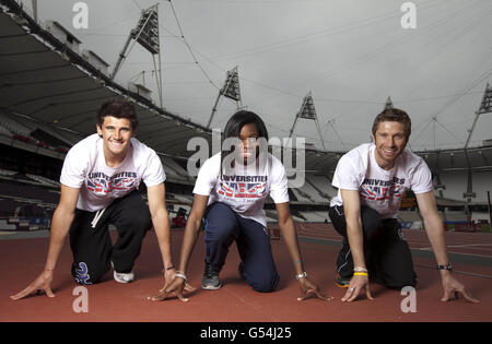 London 2012 Hoffnungsträger (von links nach rechts) 1500-m-Läufer aus UWIC Cardiff, James Thie, der Dreifachspringer Shakira Whight der Brunel University und der 800-m-Läufer von der Loughborough University Guy Learmonth starten die British Universities & Colleges Sports (BUCS) VISA Outdoor Athletics Championships im Olympiastadion. Stockfoto