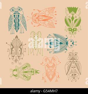 handgemachte Liner Zeichnung der ethnischen Käfer im flachen Stil, Strichzeichnungen Stock Vektor