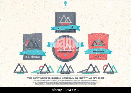 Reihe von abstrakten Hochgebirge Vektor-Icons. Reise- und Klettern Konzept Logo. Grafik-Design-Landschaft. Bergtal lo Stock Vektor