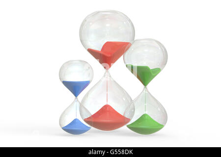 Reihe von farbigen Sanduhren, 3D-Rendering isolierten auf weißen Hintergrund Stockfoto