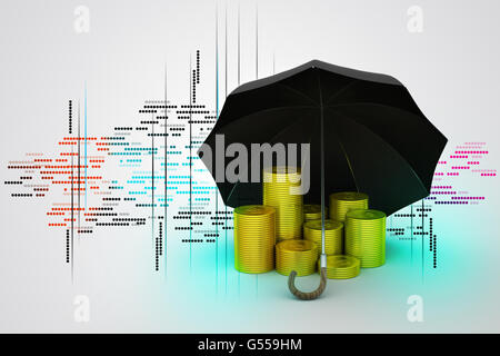 Gold-Münzen unter einem schwarzen Regenschirm Stockfoto