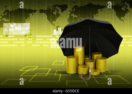 Gold-Münzen unter einem schwarzen Regenschirm Stockfoto