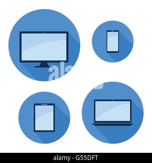 Monitor Tablet Laptop blau lange Schatten Telefonsymbol setzen moderne Vektor-illustration Stock Vektor