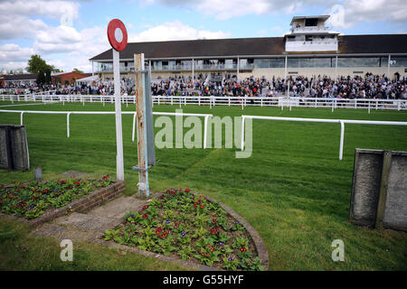 Allgemeine Ansicht der Haupttribüne und Endstation bei Rennbahn Lingfield Park Stockfoto