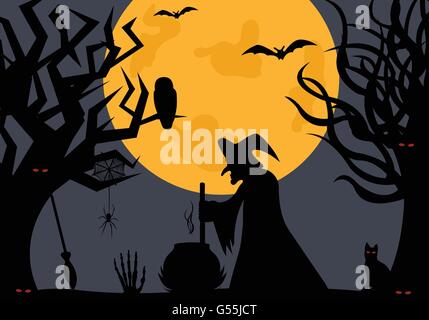 Abbildung einer Hexe mit Mond im Hintergrund Stock Vektor