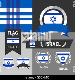 Satz von Israel Flagge, Wappen und Muster Hintergrund. Stock Vektor