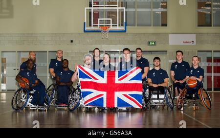 ParalympicsGB Männer Basketball Mannschaft posiert für ein Foto bei der Team-Ankündigung in der Leicester Community Sports Arena. Stockfoto