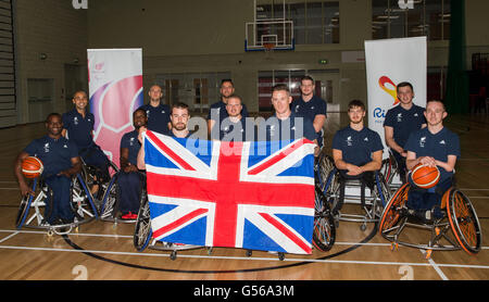 ParalympicsGB Männer Basketball Mannschaft posiert für ein Foto bei der Team-Ankündigung in der Leicester Community Sports Arena. Stockfoto