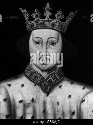 29/09/1399 - AN DIESEM TAG IM Jahr 1399 - König Richard II. Von England wird gezwungen, zugunsten von Henry Bolingbroke (Heinrich IV.) abzudanken 14/02/1400: An diesem Tag im Jahr 1400 wird der abdankende König Richard II. In Pontefract Castle ERMORDET KÖNIG RICHARD II: Ein Porträt von Richard von Bordeaux (1367-1400) als König von England (1377-1400). Seine Regierungszeit war von der Unzufriedenheit der Bevölkerung (insbesondere dem Bauernaufstand) und der baronialen Opposition erschüttert. Er wurde gezwungen, zugunsten von Henry Bolingbroke (später Heinrich IV.) abzudanken und starb auf der Burg Pontefract unter geheimnisvollen Umständen. Stockfoto