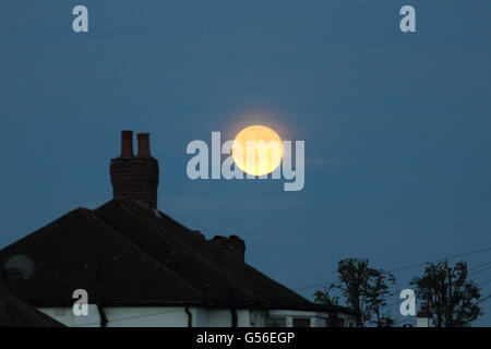Epsom, Surrey, England, UK. 20. Juni 2016. Die Orange Leuchten über die Dächer der aufgehenden voll oder "Erdbeer Mond" am Abend der Sommersonnenwende, wie gesehen in Epsom Surrey. Bildnachweis: Julia Gavin UK/Alamy Live-Nachrichten Stockfoto