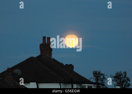 Epsom, Surrey, England, UK. 20. Juni 2016. Die Orange Leuchten über die Dächer der aufgehenden voll oder "Erdbeer Mond" am Abend der Sommersonnenwende, wie gesehen in Epsom Surrey. Bildnachweis: Julia Gavin UK/Alamy Live-Nachrichten Stockfoto