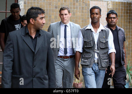 John McAreavey, Ehemann von Michaela McAreavey, verlässt das Gericht, nachdem er am zwölften Tag des Prozesses am obersten Gericht in Port Louis, Mauritius, Beweise vorgelegt hat. Stockfoto