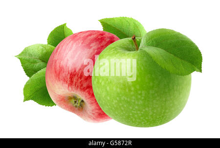 Zwei Äpfel isoliert. Roten und grünen Apfel Obst isoliert auf weißem Hintergrund mit Beschneidungspfad Stockfoto