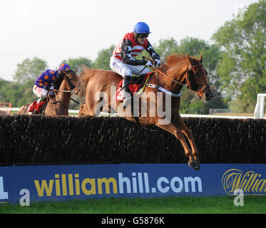 Pferderennen - Ladies Evening - Huntingdon Racecourse. Tri Nations wird von Einem P McCoy in Aktion in der Tom McCreadie Recruitment in Fresh Produce Novices' Steeple Chase gefahren Stockfoto