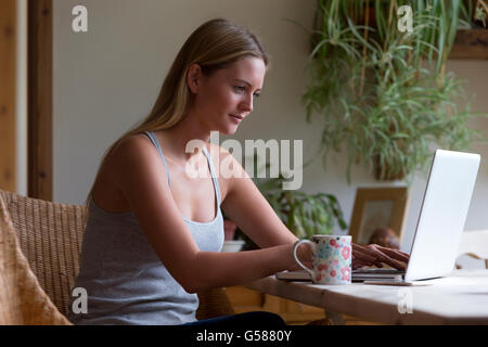 Frau sitzt in ihrem Haus einen Laptop verwenden, während Sie eine Tasse Tee zu genießen. Stockfoto