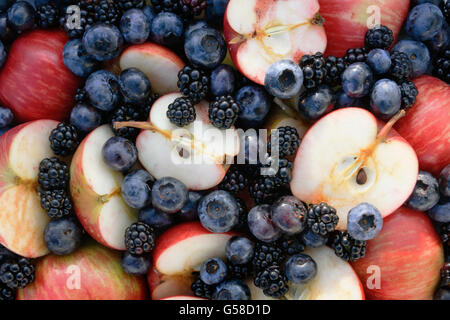 Nach Hause angebauten Äpfel, Heidelbeeren und Brombeeren; Garten Früchte, Sommer, Herbst-Ernte von North Wales, UK Stockfoto