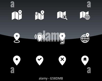 Ordnen Sie die Symbole auf schwarzem Hintergrund. GPS und Navigation. Stock Vektor