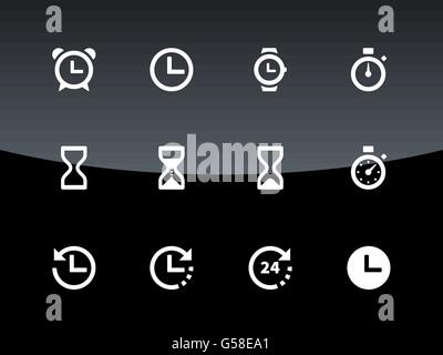 Zeit und Uhr Symbole auf schwarzem Hintergrund. Stock Vektor