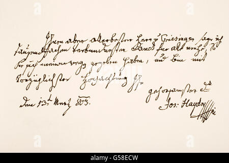 Franz Joseph Haydn, 1732-1809.  Österreichischer Komponist.    Hand-Arbeitsprobe. Stockfoto