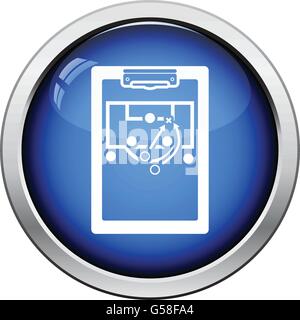 Ikone des Fußball-Trainer-Tablet mit Spielplan. Glänzende Knopf-Design. Vektor-Illustration. Stock Vektor