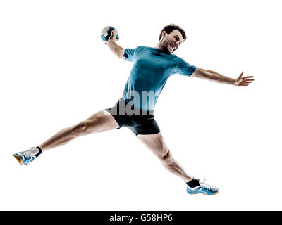 ein junger Mann Handballspieler im Studio auf weißen Hintergrund isoliert Stockfoto