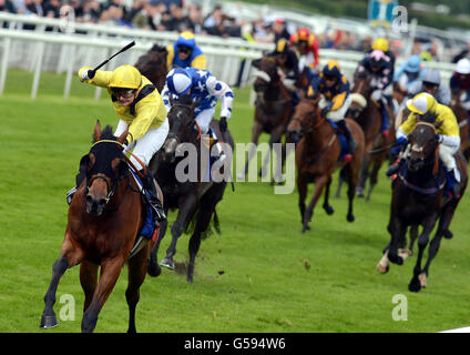 Pferderennen - Treffen Am 2012. Juni - Macmillan Charity Raceday - York Racecourse. Sholaan und Liam Jones gewinnen die Bond Tyres Trophy am Macmillan Charity Raceday während des Juni-Treffens auf der York Racecourse, York. Stockfoto