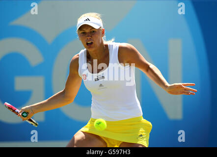 Die Dänin Caroline Wozniacki im Kampf gegen die US-Amerikanerin Christina McHale am zweiten Tag der AEGON International im Devonshire Park, Eastbourne Stockfoto