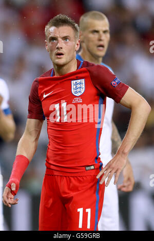 Englands Jamie Vardy während der UEFA Euro 2016, Gruppe B-Spiel im Stade Geoffroy-Guichard, Saint-Etienne. Stockfoto