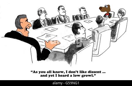 Geschäftliche Karikatur über einen schwierigen Chef, der Dissens nicht mag. Stockfoto