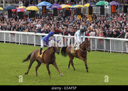 Bold Thady Quill (links) mit Shane Foley gewinnt das Dubai Duty Free Finest Surprise Handicap während des Dubai Duty Free Irish Derby Festivals 2012 auf der Curragh Racecourse, Co. Kildare, Irland. Stockfoto